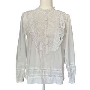 J Crew Ruffle Neck Eyelet Top White Cotton Small Buttons Womens Size 4